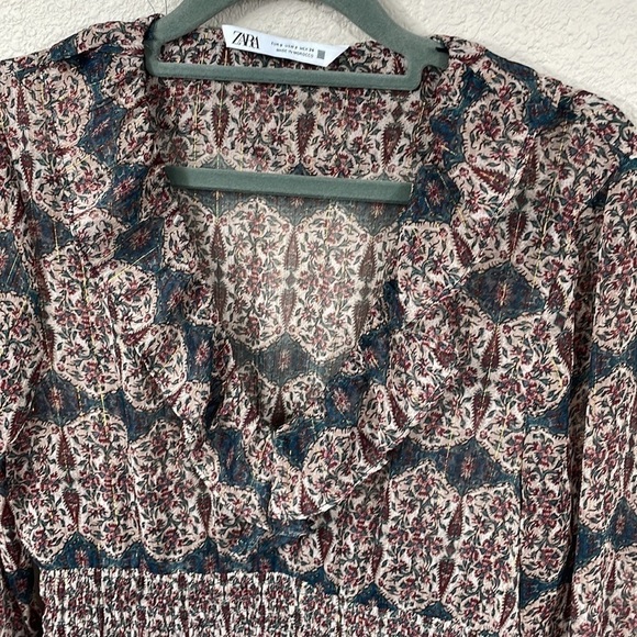Zara V Neck Ruffle Trim Mini Dress Rust Geo Paisley Boho Cottagecore Sz S - Picture 7 of 14